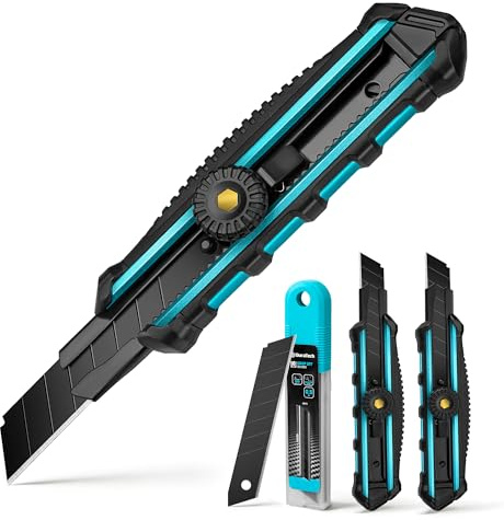 DURATECH Set med 3 professionella klädknivar 18 mm med roterande lås, SK5 brutna blad med 10 reservblad, utdragbara universalknivar för kartong och papper