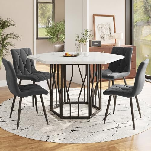 LAKFEW Esstisch mit 4 Stühlen, Esszimmerstühle 4er Set mit 115.5 x 100 cm Marmor-Esstisch und 4 Esszimmerstühle, Essgruppe Tisch und Stühle Set, Küchenmöbel, Grau