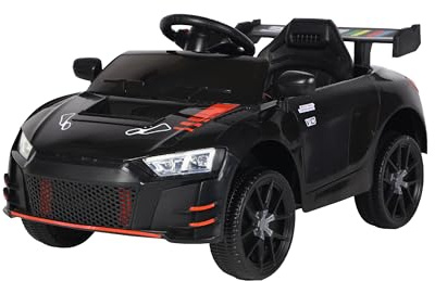 Baroni Toys Voiture électrique pour enfants 6 V avec télécommande, musique, lumières LED et siège en simili cuir - Voiture électrique 3 à 5 km/h pour enfants de 1 à 4 ans, style sportif noir