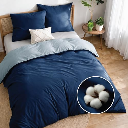 Dreamzie Copripiumino Matrimoniale Cotone Percalle - Set 3 Pezzi - Copripiumino 200x200 e 2 Federe 50x70 cm - Blu Scuro - Certificato Oeko-Tex
