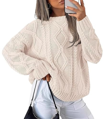 Kvinnors överdimensionerade kabelstickade tröjor med rund hals Pullover långärmad Casual Lös hösttröja Modetröja Toppar Beige Stor