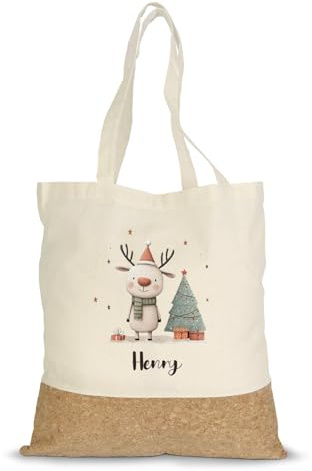 GRAVURZEILE Bedruckte Einkaufstasche Kork - Geschenktiere Hirsch - Personalisiert mit Name - Einkaufsbeutel aus Baumwolle & Korkbesatz - Tragetasche mit langen Tragegriffen - Geschenk zu Weihnachten