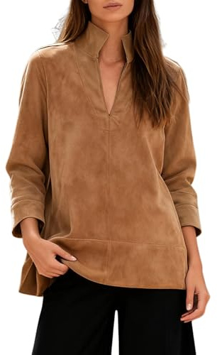 Csvinkiko Women's Faux Suede Tunic Tops V Neck 3/4 Sleeve Stand Collar Shirts Dressy Trendy Blouses Casual Daily Wear（Khaki, L）