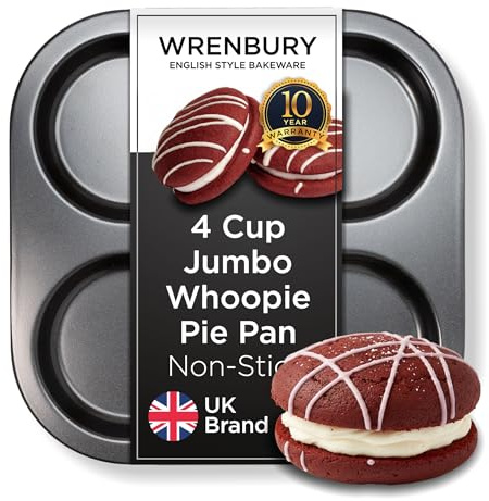 Wrenbury Nonstick Whoopie Pie Pan 4 Cup - Jumbo Carbon Steel Shallow Baking Tray for Muffin Top Macarons Cookies Yorkshire Puddings Cornbread & Burger Buns