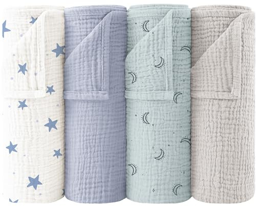 Bearmoss Moltontücher Baby 100% Baumwolle Weiche Spucktücher Baby,Atmungsaktiv und Extrem Saugfähig Musselin Tuch für Saugstark Mulltücher 4er 60x60cm (Blaue Blüten)
