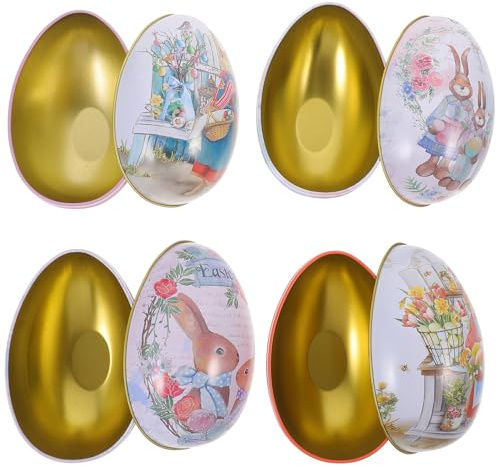 PENIKOKO 4pcs Large Easter Egg Tinplate Candy Boxes Easter Egg-shaped Candy Containers Metal Storage Boxes for Holiday Party Favors and Decorations