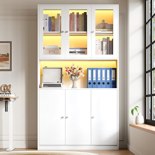 Merax Bücherschrank mit Glastüren und LED Beleuchtung 100×35×200 cm, Standregal mit Vitrine, offenem Fach mit Kabelmanagement und 3 Türen, Aktenschrank für Bücher und Ordner, Weiß