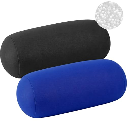 2 Stück Mikroperlen Nackenrolle, Zylindrisches Nackenstützkissen Weiches Bolster Kissen mit Mikroperlen für Schlafen, Büro und Reise, für Kopf-, Nacken- und Rückenstütze, 30 x 16 cm (Schwarz, Blau)