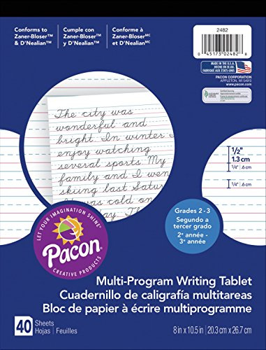 Pacon PAC2482 Multi-Program Ruled Handwriting Paper, 8 x 10.5, 40 Sheets, D'Nealian Grades 2-3 and Zaner-Bloser Grade 2, 0.5 Ruling, 0.25 Dotted Midline, 0.25 Descender Space