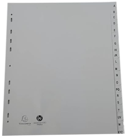 Exacompta - Réf. 1920E - Carton de 10 Intercalaires gris en polypropylène recyclé avec 20 onglets imprimés alphabétiques de A à Z - Format à classer A4 maxi - 24,5 x 29,7 cm - certifiés Ange Bleu
