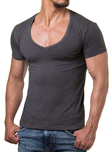 Re Rock Young & Rich - Camiseta para hombre, en 12 colores, con cuello de pico, corte ajustado y monocolor - tallas de la S hasta 3XL antracita XL
