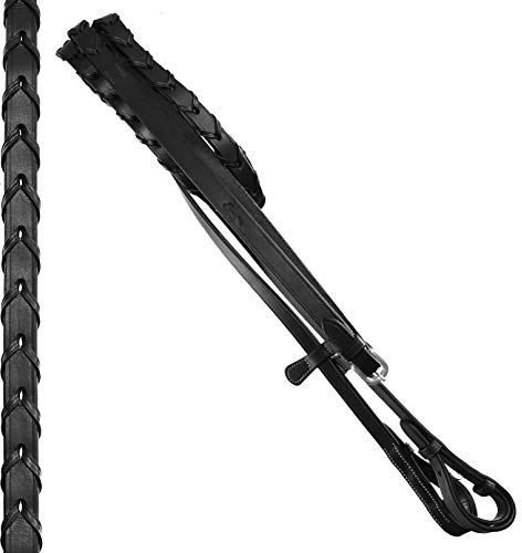 ExionPro Zügel aus englischem Leder mit Schnürung für Pferde|Hakenbefestigung & Stärke|Optionen in Schwarz, Havannabraun–Over, Full, Cob, Pony (Schwarz, Pflanzlich gegerbtes Leder (Vorreiter)-Cob)