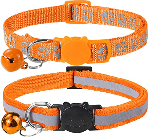 Taglory Reflektierend Katzenhalsband mit Sicherheitsverschluss und Glöckchen, 2-Stück Verstellbar Halsband Katze Kitten, 19-32cm Orange