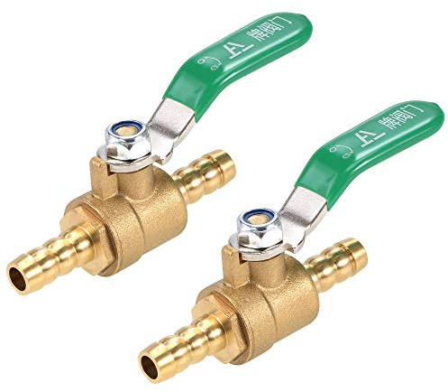 uxcell Ball Valve Shut-off Valve, 8mm Hose Barb to 8mm Hose Barb, Hose Pipe Tube Fittings, 180 Degree Operation Green Handle, Brass Valve, Pack of 2