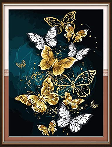 KAMIERFA Broderi korsstygn handgjorda sömnadssatser 11CT stämplat för nybörjare broderikit förtryckt mönster 35 x 50 cm gyllene fjärilar