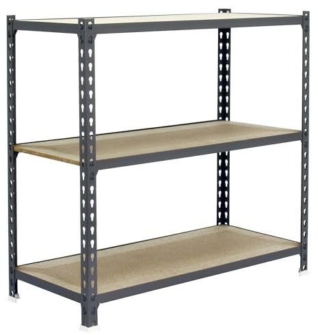Simonrack Schwerlastregal, Lagerregal, 90x100x30 cm, Metallregal, Kellerregal, Biegestelle 150 kg, 3 Holzfachböden, Grau/Holz - Maderclick | 3 Höhen, Holztablett, 150 kg Flexpunkt, grau, Korrosionsschutzfarbe, Klicksystem