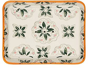 Tranquillo Eckige Seifenschale Tropical aus Steingut mit floralem Print, abgerundeten Ecken mit Löchern für den Wasserablauf, 13.5 x 10.5 x 1.5 cm