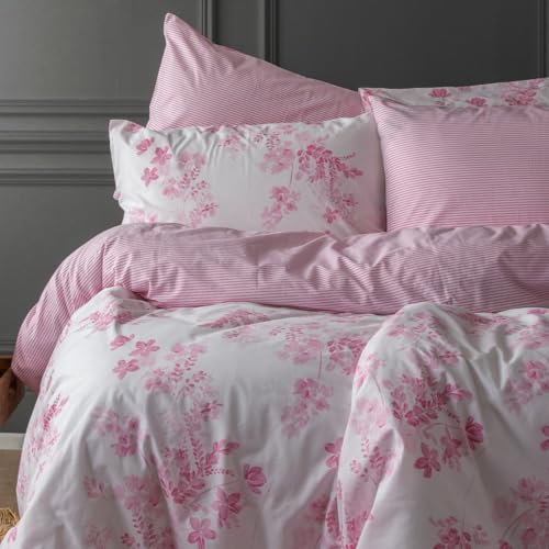 LERUUM Double Duvet Cover Sets Cotton Bedding Set Pink Floral Striped Reversible Shabby Chic Quilt Cover Bed Set (Pink Double)