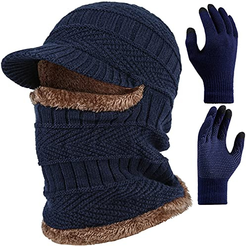 T WILKER 2 Unids Invierno Knit Beanie Pasamontañas Sombrero Antideslizante Pantalla Táctil Manoplas Set Térmica Máscara Cap Unisex para Mujeres Hombres, Azul/Patchwork, talla única