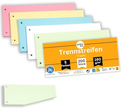perfect line - 200 Trennstreifen für Ordner A4, Trennblätter aus Recycling-Karton, Trapez-Form, 5 Farben, 2 fach gelocht, Made in Germany, Blauer Engel zertifiziert
