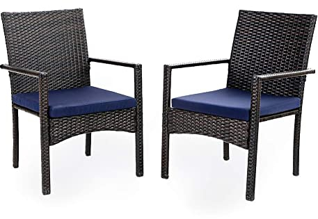 PHI VILLA Gartenstühle Wetterfest 2er Set Rattan Balkonstuhl mit Armlehne, Rattan bedeckt Metall Gartensessel mit abnehmbarem Kissen für Patio, Deck, Veranda, Yard