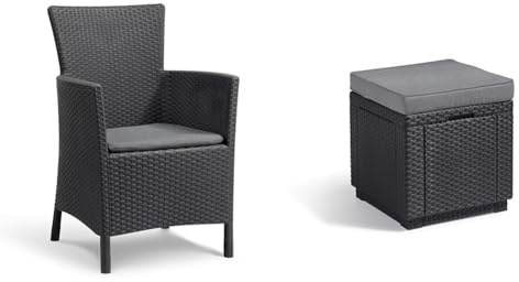 Keter Allibert by Gartensessel Iowa, Graphit/cool Grey & Allibert by Cube Hocker mit Stauraum, grau, inkl. Kissen, Deckel abnehmbar, Flache Rattanoptik, wetterfest, 42x42x39cm