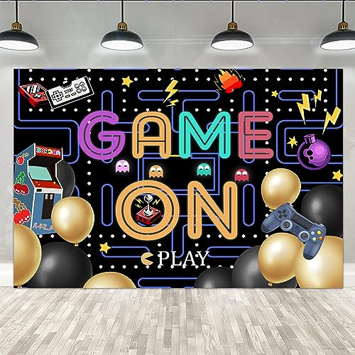 Lofaris Game On Backdrop Video Game for Boys Birthday Photography Background Colorful Lights Party Supplies Kids Adults Gaming Party Decorations Baby Shower Cake Table Photo Booth 9x6ft
