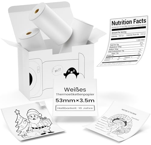T02 Thermopapier Weiß (3 Rollen) – 53mm x 5m Selbstklebend | Kompatibel mit T02/M02X/M02L & Memoking T02 Mini Drucker, für Studien, Haushalt, Geschenke​