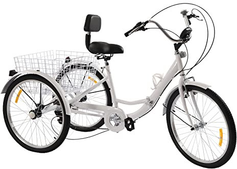 Klapprad Dreirad für Erwachsene, Weiß 3-Räder Fahrrad 24 Zoll 7-Gang Lastenfahrrad mit Frontlicht, Korb und Rückenlehne Tricycle zur Erholung, zum Tragen von Dingen, Ausübung usw.