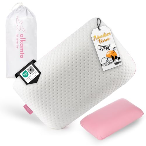 alkamto Cuscino da Viaggio Cuscino da Campeggio – Memory Foam con Federa in Cotone Extra – Borsa Inclusa (40x25x10 cm Rosa)