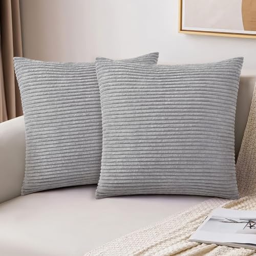 AUAUY 2er Set Kissenbezüge Kord Kissenhülle, 40x40cm Moderne Boho, Hellgrau | Kissenbezug Kordsamt, Weihnachten Dekoration, Kissenhüllen, Weiche Zierkissenbezüge Kissen, für Sofa Sessel Schlafzimmer