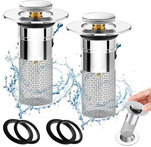 Waschbeckenstöpsel für 34-40mm Abfluss Ablauf, 2PCS Universal Messing Pop Up Abflusssieb, Abflussstopfen mit Anti Clogging Sieb Abnehmbar, Abflussstopfen für Aufsatzwaschbecken(Ablaufloch 34 – 40 mm)