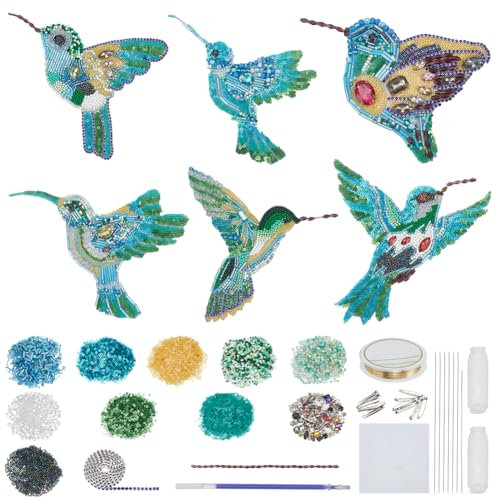 WEBEEDY 6 Sets DIY Hummingbird Rhinestone Beaded Patch Kit Bird Brooch Pin Hair Barrette Making,Sequin Beaded Patches Sew on Crystal Beaded Appliques Patch for Spring Clothes Shoes Sewing Patchworks