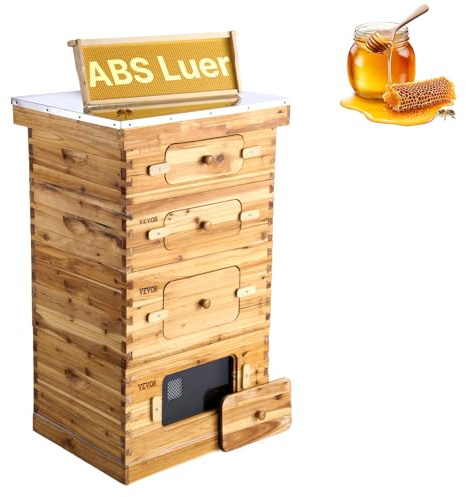 VEVOR Bienenstock, 40 Rahmen, Zander Beute, mit Bienenwachs beschichtetes Zedernholz, 2 Tiefe + 2 mittelgroße Bienenkästen, Langstroth-Bienenstock-Set, transparente Acrylfenster mit Fundamenten