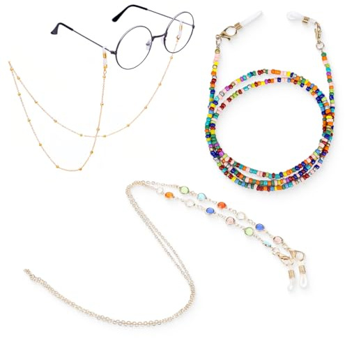 FMYODWU 3 Stück Brillenkette, Mode Brillenkette, 72cm mit Perlen und Kristallen, Gold Brillenkette, Passend für alle Brillengestelle wie Presbyope, Sonnenbrillen und Sportbrillenbänder