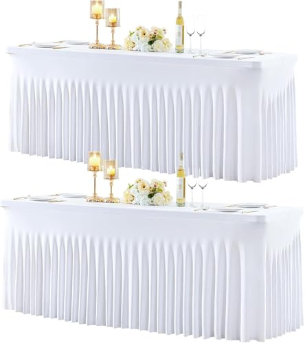 HB HBB MAGIC 2 Mantel de Falda de Spandex Blanco para mesas rectangulares de 1,8 m, Mantel Blanco elástico sin Arrugas, Falda de Mesa Plisada para Fiestas, Bodas de cumpleaños, duchas de bebés