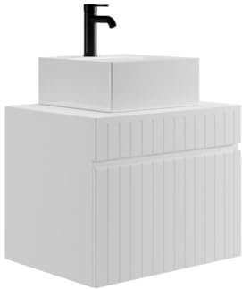 Vente-unique-Mobile per bagno sospeso scanalato e lavabo quadrato da appoggio 60 cm Bianco - SATARA