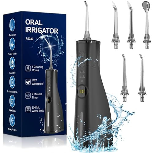 Water Dental Flosser Electric Oral Irrigator 300ML Large Tank 5 Replaceable Jet Tips IPX7 Waterproof Teeth Cleaner Water Flossing Cleaning Picks for Home and Travel