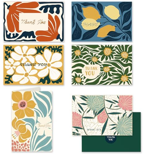 qiqee Color Contrast Flower Thank You Cards Greeting Gift Cards for Handwritten Messages 4x6 Inch 6 Design Birthday Thank You Notes (24pcs +24pcs Envelopes)