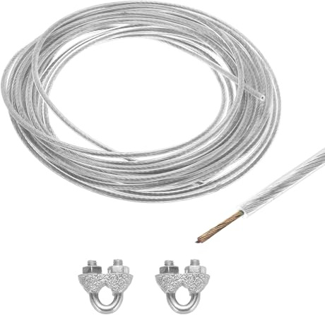 QUARKZMAN 6 Meter x 2,5mm Drahtseil Verzinkte, Stahlseil Spanndraht Ummantelt mit 2 x M3 Drahtseilklemme, Stahlkern Gardinenseil Wäscheleine Forstseil für Kletterpflanzen Vorhang, Klar
