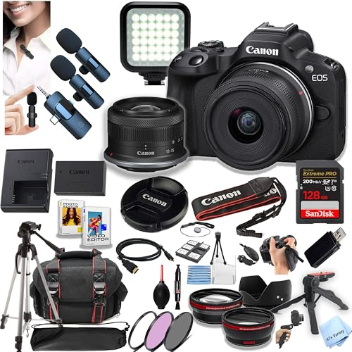Canon EOS R50 Mirrorless Camera with 18-45mm Lens + 128GB Extreme Memory, Wireless Lavalier Microphones, Lenses, Filters, Case, Tripod, Flash, Software, and More (Content Creator Bundle) (Renewed)
