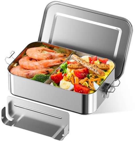 1400ml Stainless Steel Lunch Box, 304 Stainless Steel Food Containers with Lock Clip, Leakproof Sealed Metal Lunch Box for Adults & Kids, Lunchbox for Camping Travel School Work (2, rectangular)