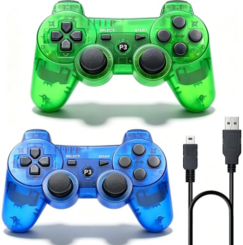 PS-3 Controller 2 Pack, Dual Shock 3 Wireless Gamepad Joystick for PlayStation 3, Compatible with PS-3 Console, Ergonomic Design, Rechargeable Battery, Vibration Feedback - 2 Controllers in Set