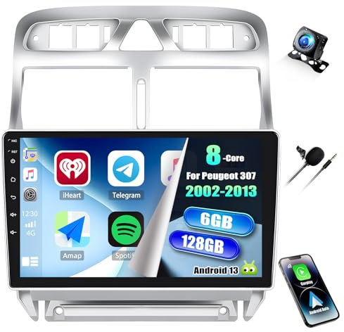 8 Core 6+128g Android 13 Car Radio para Peugeot 307 307CC 307SW 2002-2013 con Carplay Android Auto, 9 '' Touch Android 13 Radio con Bluetooth WiFi GPS FM/RDS 36EQ SWC+Remernal Camera