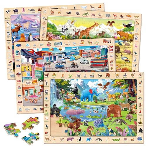 SYNARRY Wooden Puzzles for Kids Ages 4-6, 4 x 60 Piece Match & Find Puzzles for Kids Ages 3-5 Boy Girl, Educational Easter Gifts for 4-8 Year Olds, Learning Jungle Savannah Polar Animals & City Life