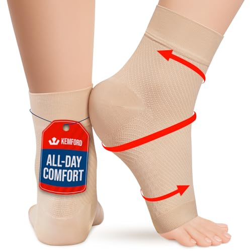 KEMFORD Ankle Support Compression Socks – Plantar Fasciitis & Achilles Tendonitis Relief Sleeves for Foot Pain & Swelling – 1 Pair, Beige, L