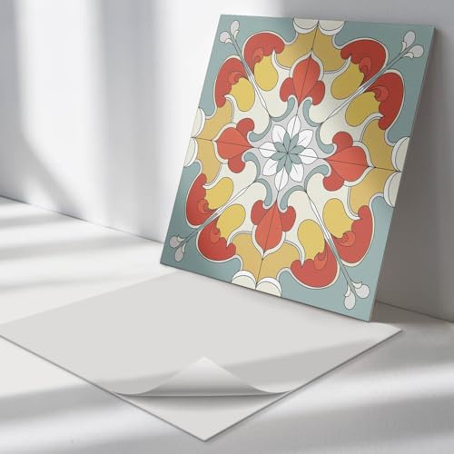 Vinyl Wand-fliesen Quadratisch 30x30 cm Wand und Boden PVC für Küche und Badezimmer Wasserfest Selbstklebend 9 Stück Küchenrückwand Bodenbelag Fliesenaufkleber - Blumen-Mandala-Muster