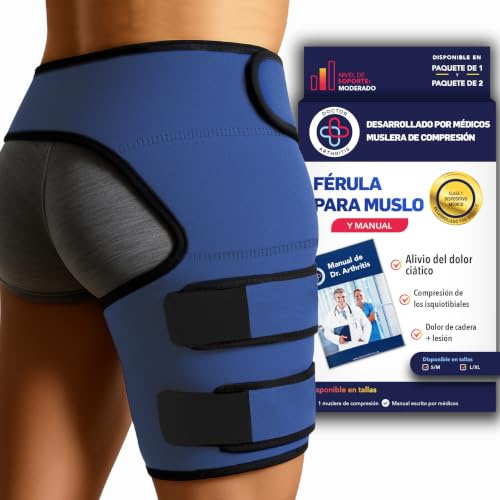 Dr. Arthritis Musleras Compresión Mujer Desarrolladas por Médicos - Soporte para Muslo Derecho, Alivio del Dolor de Ciática y Síndrome Piriforme - Unisex [Talla L/XL, Azul Marino]