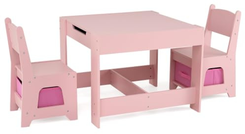 GYMAX Kids Table and Chair Set, Children Activity Table with 2 Chairs, Detachable Tabletop & Storage Drawers, 3 Pcs Toddler Furniture Set for 3 Years Old+ Boys Girls