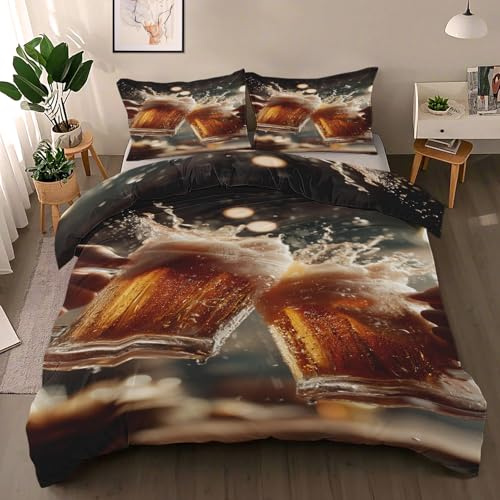 Beer Duvet Cover Set, Photography Style Reversible Bedding Set, Dynamic Polycotton 3 pcs Lightweight Premium Quilt Cover Set for All Seasons With Zipper (Men Women, Single)